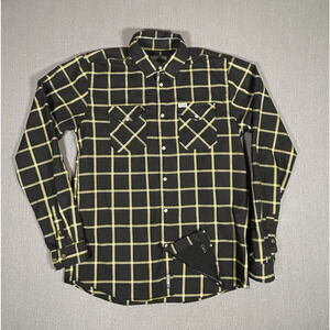 Dixxon Flannel Shirt Men's XL Tall Black Yellow Plaid Vogue Tyres Pearl Snap